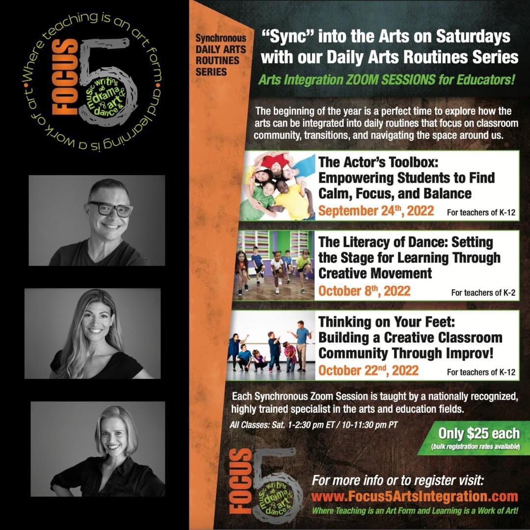 Our fall synchronous season is about to begin! We have 3 engaging sessions, all focused on arts-based routines that can be used daily in your classroom. Join us for one or all three. To register or for more information click: artsintegrationconsulting.com/online-synch-s…