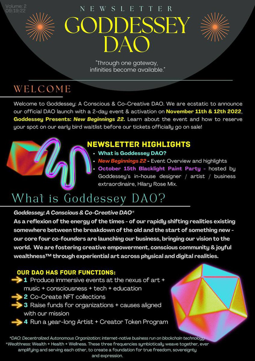Goddessey_DAO's tweet photo. It’s official! We are launching our #DAO with a 2-day event 11/11 &amp; 11/12! Saturday: live music, interactive #NFT art, and more! Sunday: #Consciousness &amp; #Tech workshops + an #OpenMic 😃 Sign up for #EarlyBird access to tickets when the go on sale here: https://t.co/g8CaoXgYLC https://t.co/6XkR9YRpMm