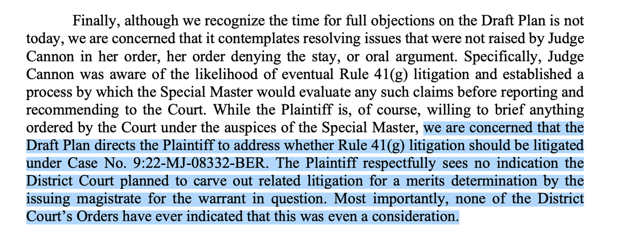 Getting less attention than the declassification defense argument, but very interesting: seems we can expect briefing on whether a prospective Rule 41(g) motion should be heard by Judge Reinhart (the MJ who signed the warrant) rather than Judge Cannon.