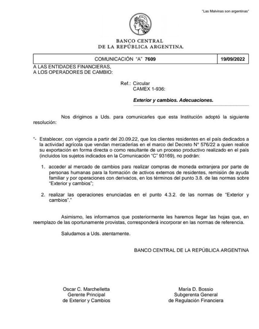 Inverandinas's tweet photo. El BCRA sacó la Comunicación "A" 7609, que prohíbe a quienes vendieron su producción con el "dólar soja" comprar moneda extranjera, liquidar activos contra moneda extranjera (MEP o CCL), y formar activos externos. 
Mañana veremos para donde van esos pesos. https://t.co/GS4jeSzo7r