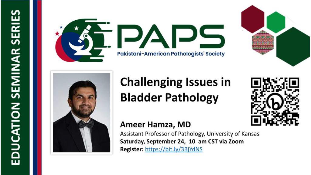 Our education committee is happy to announce next webinar on “Challenging Issues in Bladder Pathology” by Dr. Ameer Hamza on Saturday, Sept 24th, 22 at 10 AM via zoom. Dr. Hamza is assistant professor @KUPathResidents 
Registration link: bit.ly/3BiYdNS
#PakPath #GUPath
