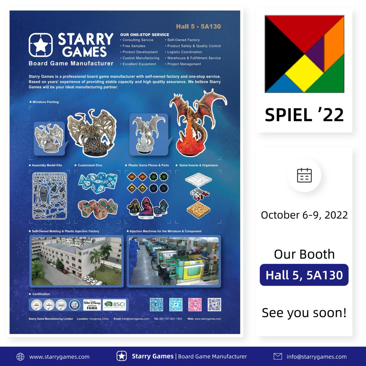 StarryGM's tweet photo. During October 6th-9th, Starry Games will be at SPIEL all day. We are happy to meet and talk about things on your game and manufacturing. Come and meet us at Booth# 5A130!
#boardgame #SPIEL22 #tabletopgames #manufacturer #starrygames #factory https://t.co/8KDhUh4yQ7