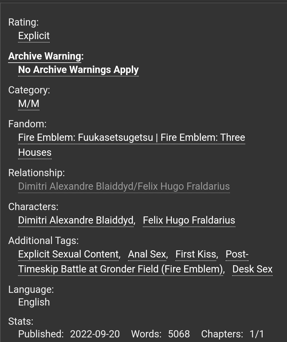 Excited to share my work from the <a href="/dmlxNSFWproject/">Dimitri's Training Logbook</a>!! Leftover sales are on now, pick up a copy if you haven't yet and if you love when Felix and Dimitri kiss with tongue 

archiveofourown.org/works/41818770