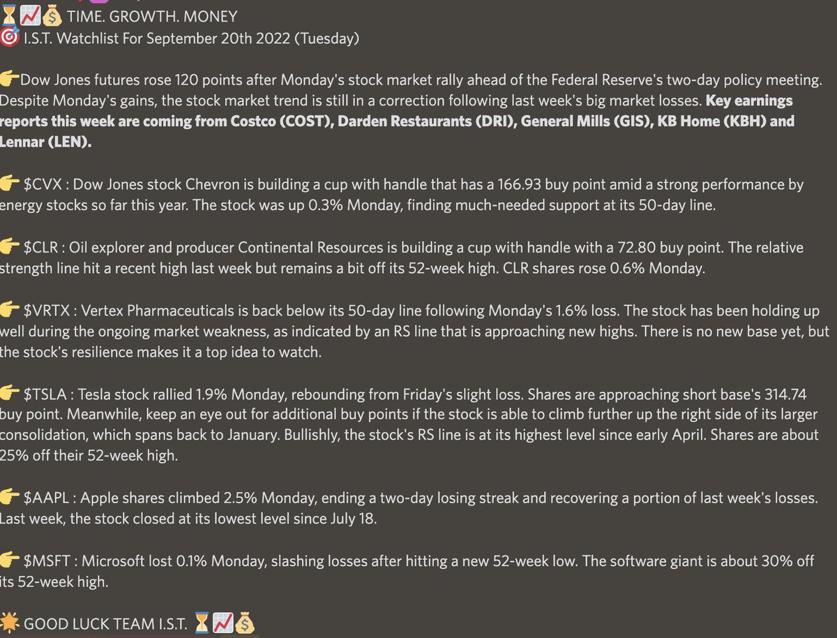AMadMoneyIST's tweet photo. ⏳📈💰 TIME. GROWTH. MONEY
🎯 I.S.T. Watchlist For September 20th 2022 (Tuesday)
$COST $DRI $GIS $KBH $LEN $CVX $CLR $VRTX $TSLA $AAPL $MSFT https://t.co/YJMAYabT2M
