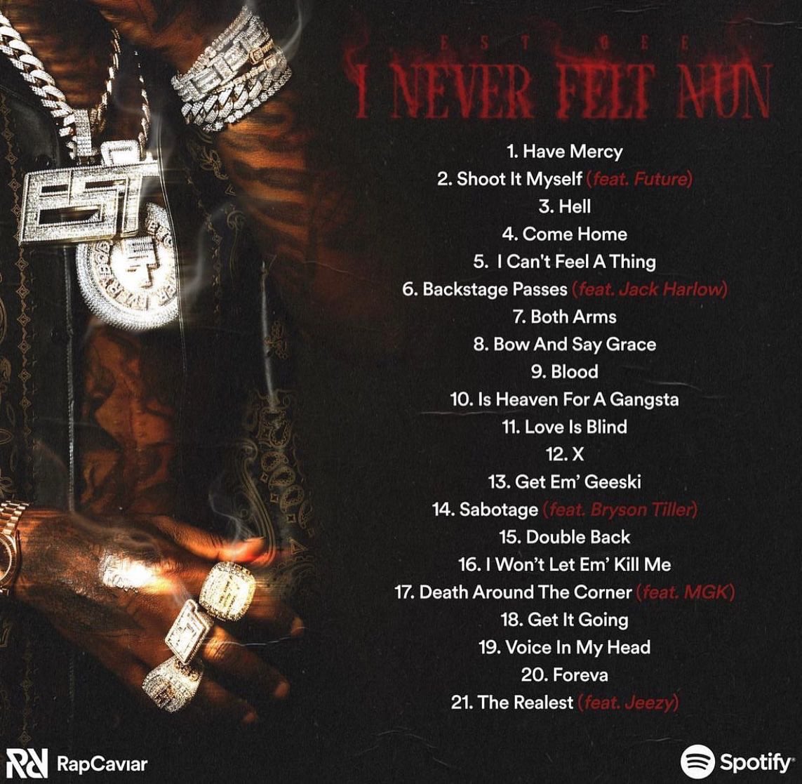 reallykutoff's tweet photo. @ESTGEE - “i never felt nun”
#10 - “is heaven for a gangsta”
produced by me &amp; the guys 🔥🔥

+ #1 on the apple music charts 🔥 billboard next 🎯 https://t.co/9dRElogjdo