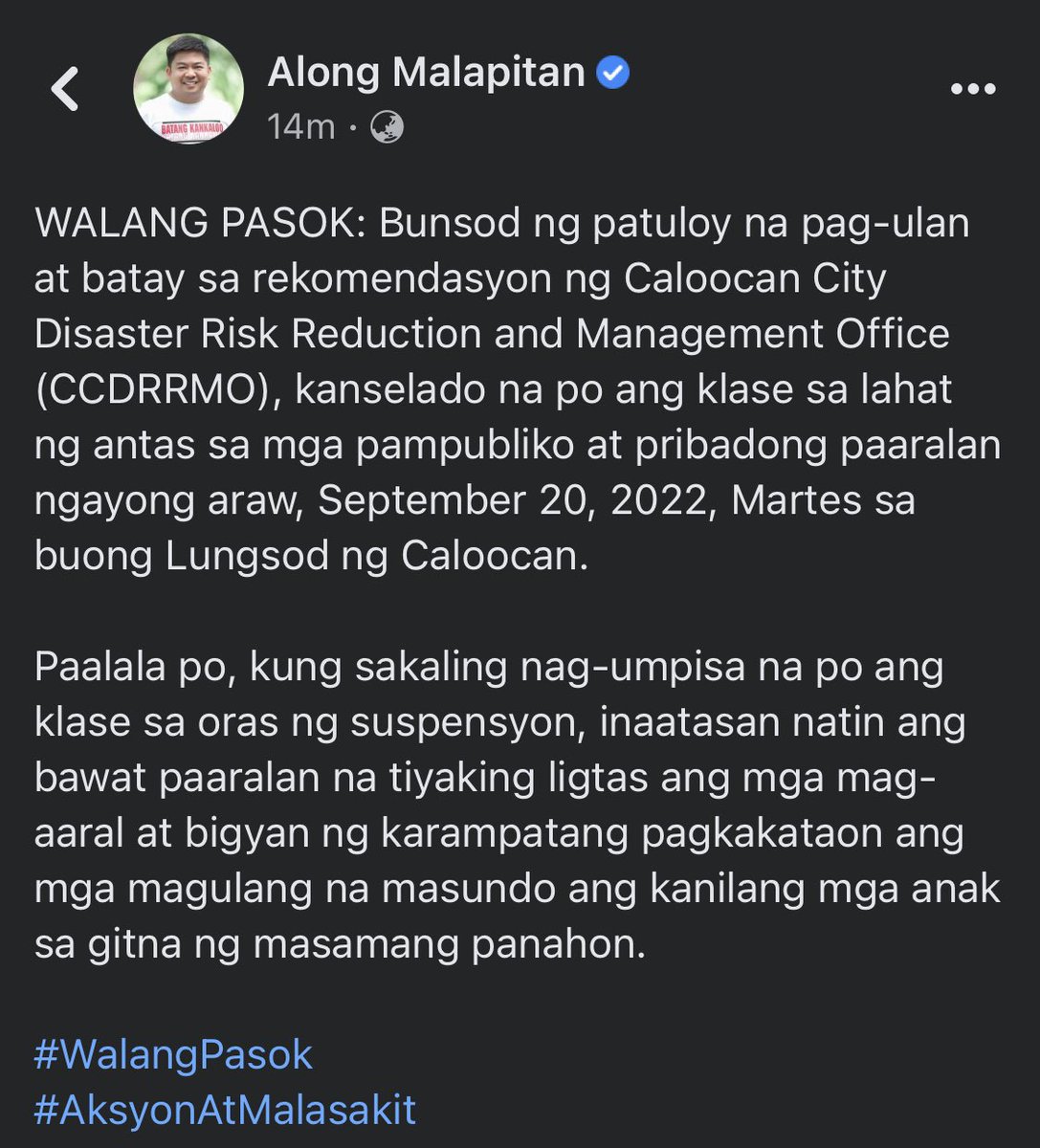 newswatchplusph's tweet photo. #WalangPasok: Caloocan City Mayor Along Malapitan suspends classes in all levels (public and private) https://t.co/sDo55hP4UB https://t.co/Q1btE24rLN