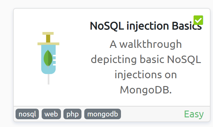 wearyandroid's tweet photo. NoSQL injection Basics - I have just completed this room! Check it out: https://t.co/YcyrhJcpvf #tryhackme #nosql #web #php #mongodb #nosqlinjectiontutorial via @tryhackme #100daysofhacking https://t.co/0c6JXoD4s3