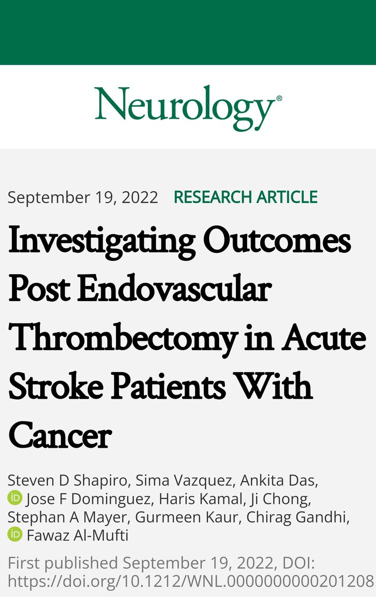 Fawaz Al-Mufti, MD, FSVIN (@almuftifawaz) on Twitter photo #NoLVOleftbehind not even #Cancer patients!
Analysis of >2.5 million strokes, 200K w a dx of #CA.
Post #EVT #CA pts had similar rates of routine discharge but 2X rates of in-hospital mortality! n.neurology.org/content/early/…
<a href="/StupidCancer/">Stupid Cancer</a> <a href="/CancerCare/">CancerCare</a> <a href="/shapiro88/">Steven Shapiro, MD</a> <a href="/Cancer/">Inside Cancer</a> <a href="/ShadiYaghi2/">Shadi Yaghi</a> #NoLVOleftbehind not even #Cancer patients!
Analysis of >2.5 million strokes, 200K w a dx of #CA.
Post #EVT #CA pts had similar rates of routine discharge but 2X rates of in-hospital mortality! n.neurology.org/content/early/…
<a href="/StupidCancer/">Stupid Cancer</a> <a href="/CancerCare/">CancerCare</a> <a href="/shapiro88/">Steven Shapiro, MD</a> <a href="/Cancer/">Inside Cancer</a> <a href="/ShadiYaghi2/">Shadi Yaghi</a>