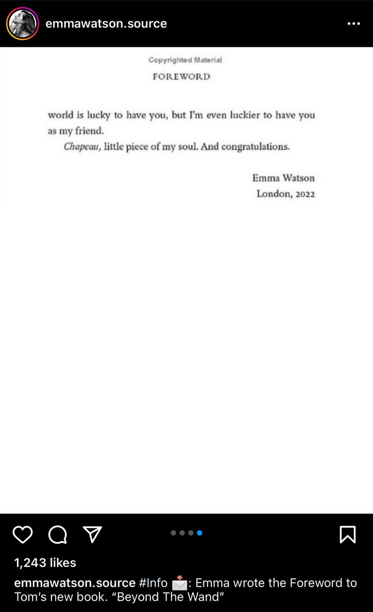Emma Watson wrote the foreword for Tom Felton’s book, “Beyond The Wand.” Oh! My Feltson &amp; Dramione heart ❤️

“…What we have is far deeper than that. It’s one of the purest loves I can think of. We’re soulmates…” 🥹

instagram.com/p/Cis8kLPtqqJ/…