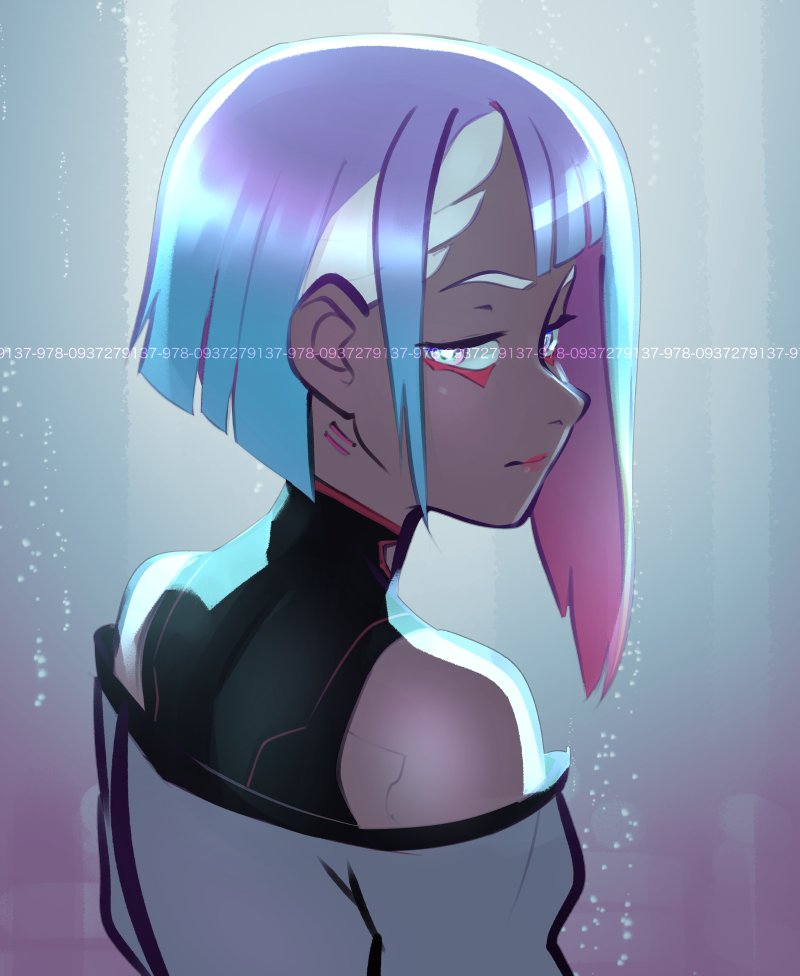 lucy (cyberpunk) 1girl solo looking at viewer looking back short hair off shoulder bare shoulders  illustration images