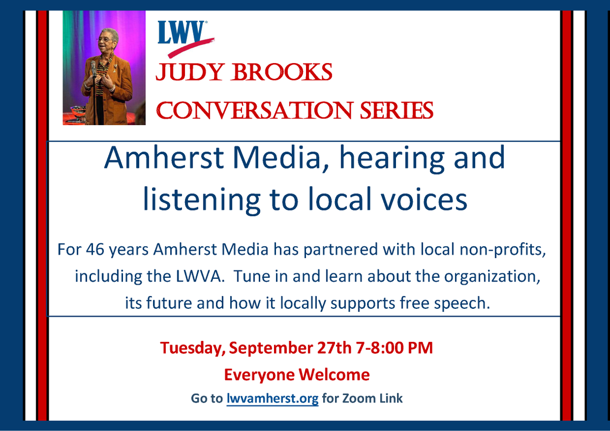 LeagueAmherst's tweet photo. AMHERST MEDIA WILL BE FOCUS OF NEXT "JUDY BROOKS CONVERSATION SERIES" ZOOM EVENT, ON TUES., SEPT. 27 
Register here: https://t.co/Nil6DnmGVQ
Join us from 7 to 8 p.m. for a discussion about how Amherst Media helps to enlighten and inform our community, and about its future plans! https://t.co/NQzcbokqnm