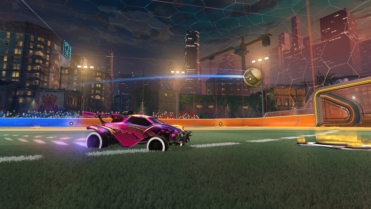 BunnysRL's tweet photo. @RocketLeague
 #RLFitCheck 
Inspired by The Nike Air Griffey Max 1 "Los Angeles"
Body: Purple Octane
Decal: Saffron Dune Racer
Boost: Black Standard
Goal Explosion: Meteor Storm
Primary: Glossy
Secondary: Anodized
Trail: EL-E-DEE
Wheel: Ecto-1 BK https://t.co/goHXESTZnJ