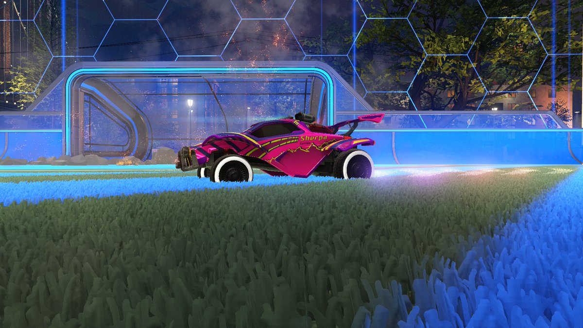 BunnysRL's tweet photo. @RocketLeague
 #RLFitCheck 
Inspired by The Nike Air Griffey Max 1 "Los Angeles"
Body: Purple Octane
Decal: Saffron Dune Racer
Boost: Black Standard
Goal Explosion: Meteor Storm
Primary: Glossy
Secondary: Anodized
Trail: EL-E-DEE
Wheel: Ecto-1 BK https://t.co/goHXESTZnJ