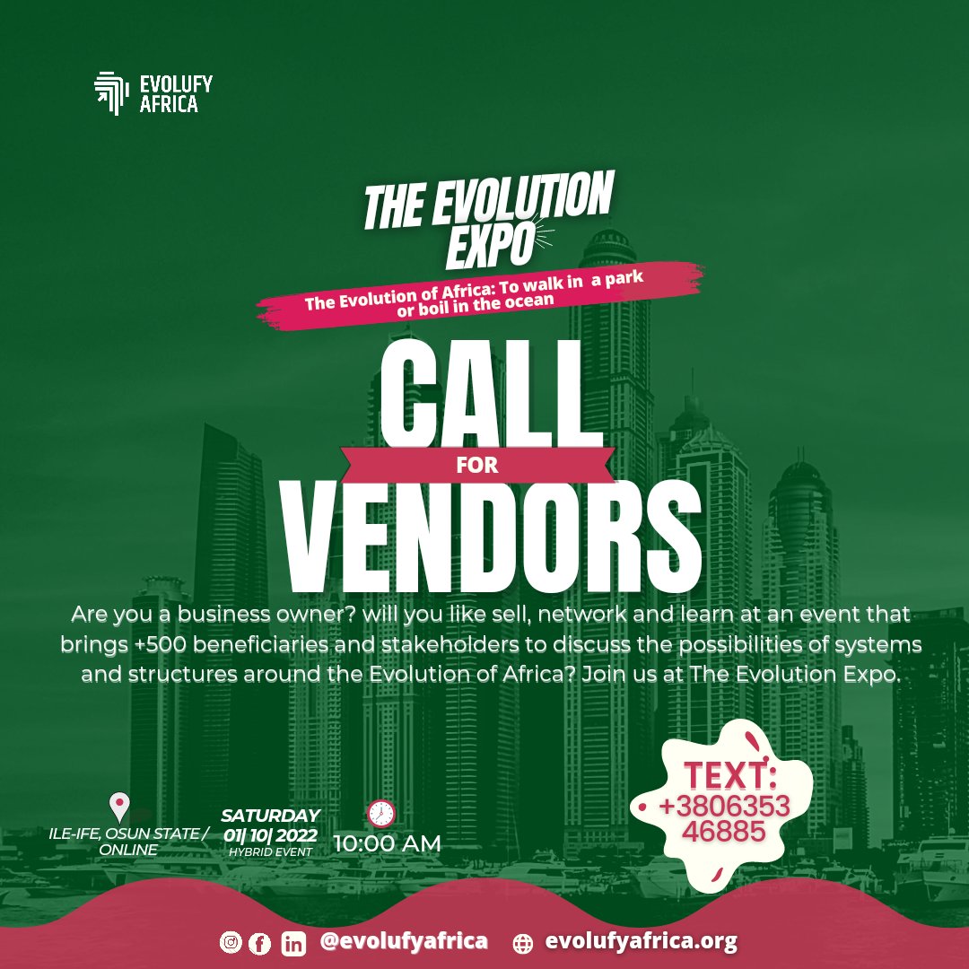 EvolufyAfrica's tweet photo. Are you a business owner? Will you like to sell, network and and learn at an event that brings +500 beneficiaries and stakeholders to discuss the possibilities of systems and structures around The Evolution of Africa?
To book a slot, text: +380635346885
#evolutionexpo https://t.co/OX05nVuUc9