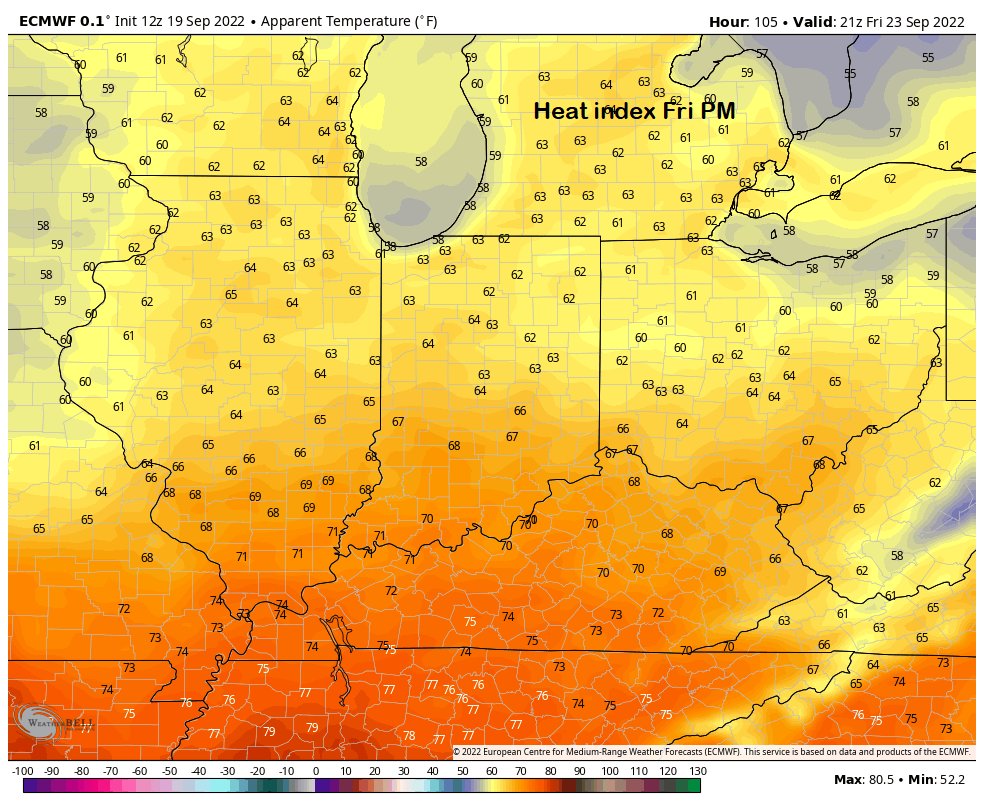 jessewalkerWTWO's tweet photo. Get ready for a big change. Maps are heat index forecast for Tuesday afternoon and Friday afternoon. Friday afternoon will feel 30 degrees cooler! #ilwx #inwx #falltemps https://t.co/EAdAlMx6eU