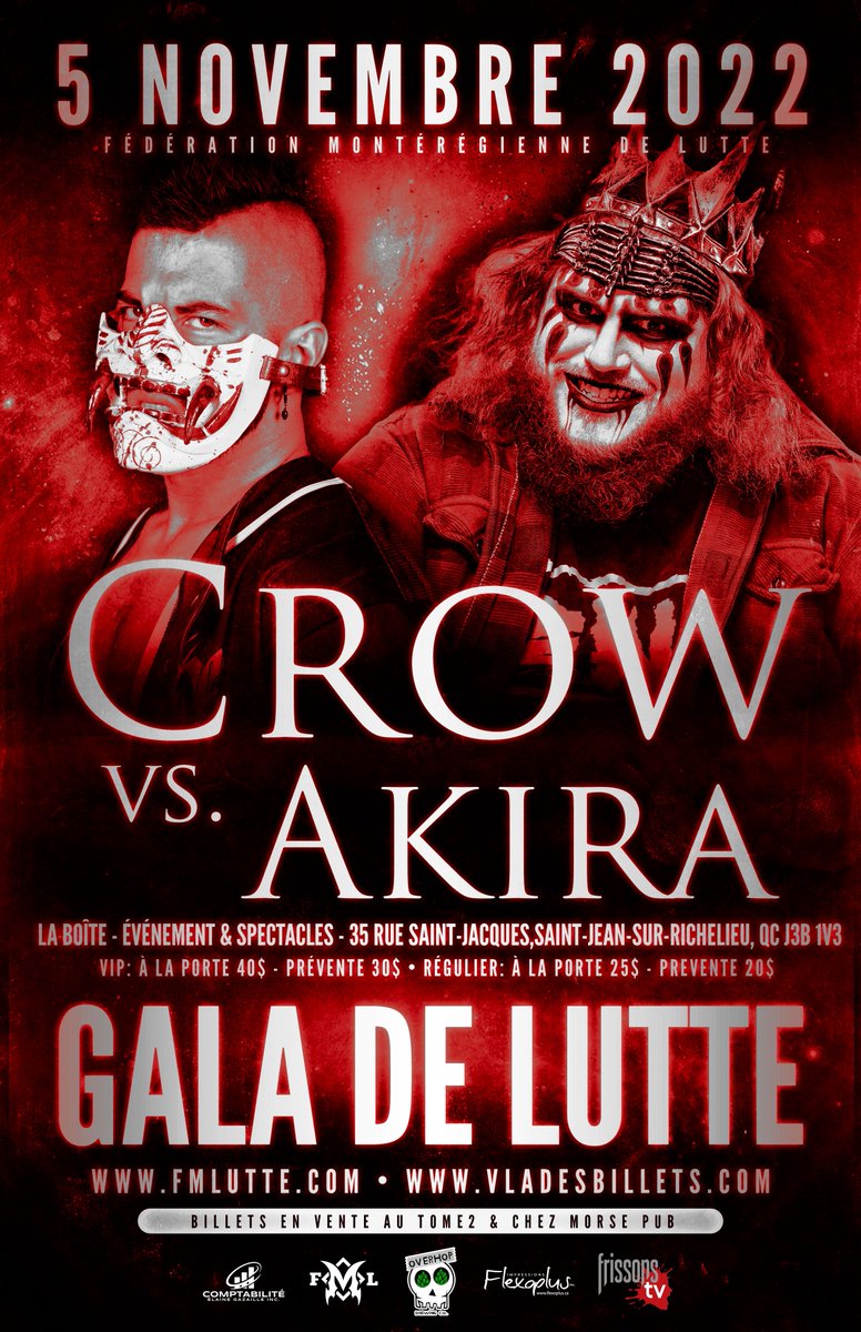 FmLutte's tweet image. #FMLDeathmatch 5 Nov @theakiraway  vs @FredPCrow  Deathmatch pour le titre FML Ring de la terreur @frissonstv1816 ./for the Canadian Deathmatch championship.

Tix:/Billets: vladesbillets.com ou @tome2_bistro_ludique 42 Rue Saint-Jacques, Saint-Jean-sur-Richelieu