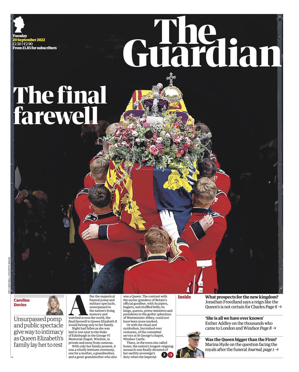 Guardian front page, Tuesday 20 September 2022: The final farewell