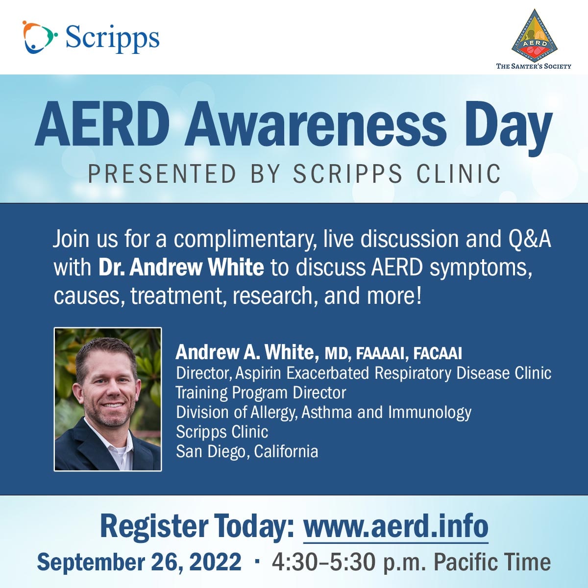 samterssociety's tweet photo. We are one week away from Dr. Andrew White from @ScrippsHealth  hosting a live webinar for AERD Awareness Day!!! Please join us and register today!! Visit https://t.co/OraEm3n4yc to learn more.

 #AERDAwarenessDay #AERD #samterstriad #asthma #allergies #polyps #aspirin https://t.co/sgK5IktUdH