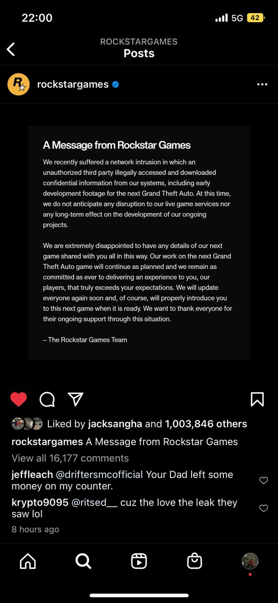 GTAonlineNews's tweet photo. Rockstar Games have just hit 1 Million likes on an Instagram post regarding the GTA6 leaks.
Imagine how many likes they’ll get when the first GTA6 trailer drops 👀 https://t.co/8a7kfIMDql