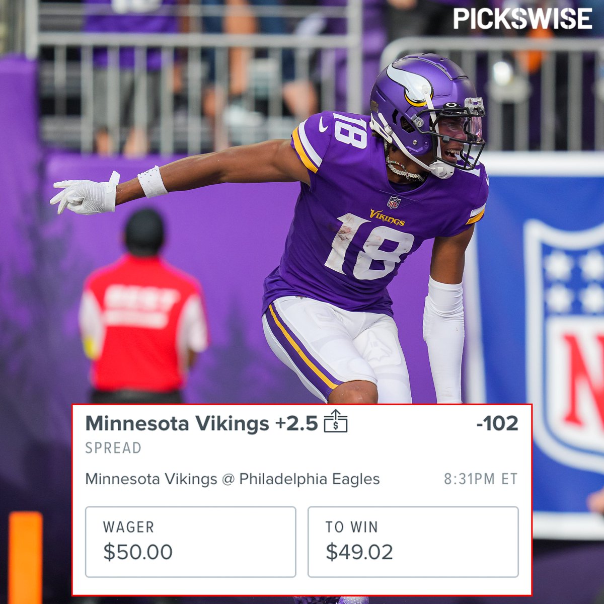 Pickswise's tweet photo. 🚨 $50 NFL GIVEAWAY 🚨

We're giving away $50 to one lucky winner if Minnesota covers +2.5 tonight against Philly 💰

How to enter
- Retweet &amp; Like this
- Follow us

Double entry if you follow us on Instagram here: https://t.co/q0Vjyl7nUP

T&amp;Cs: https://t.co/zreFXLAqPB https://t.co/JWf494rBYW