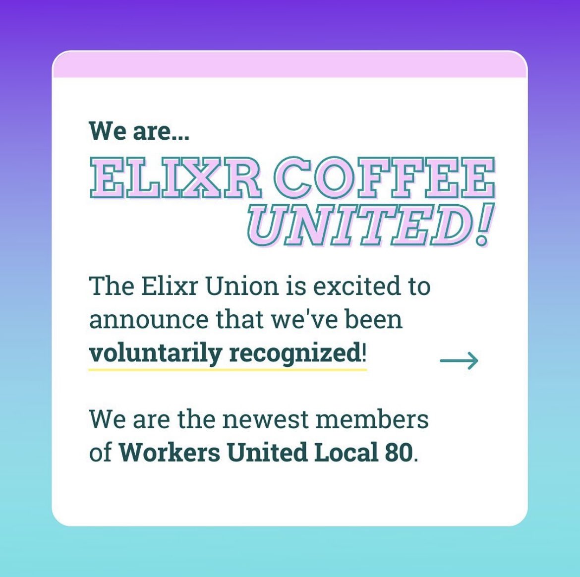 The Philly barista organizing wave continues! Welcome our newest union shop, Elixr Coffee Roasters! Workers at  Elixr were voluntarily recognized by owner Evan and will be a part of PJB’s Local 80 alongside workers at Korshak Bagels and Good Karma Cafe!!