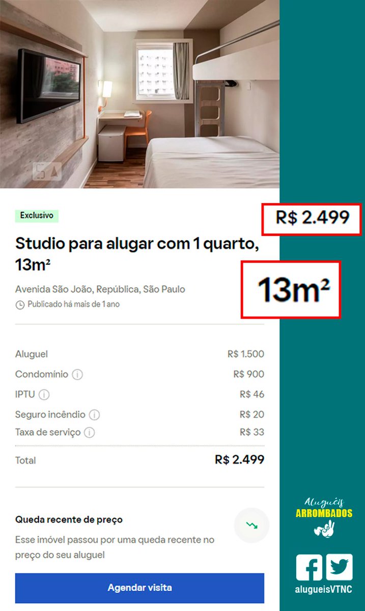 alugueisVTNC's tweet photo. 13m²

TREZE METROS QUADRADOS

aluguel: R$ 2.500

DOIS MIL E QUINHETOS REAIS POR MÊS

tá de sacanagem

https://t.co/DClxXloeTx https://t.co/pGIqgChlgK