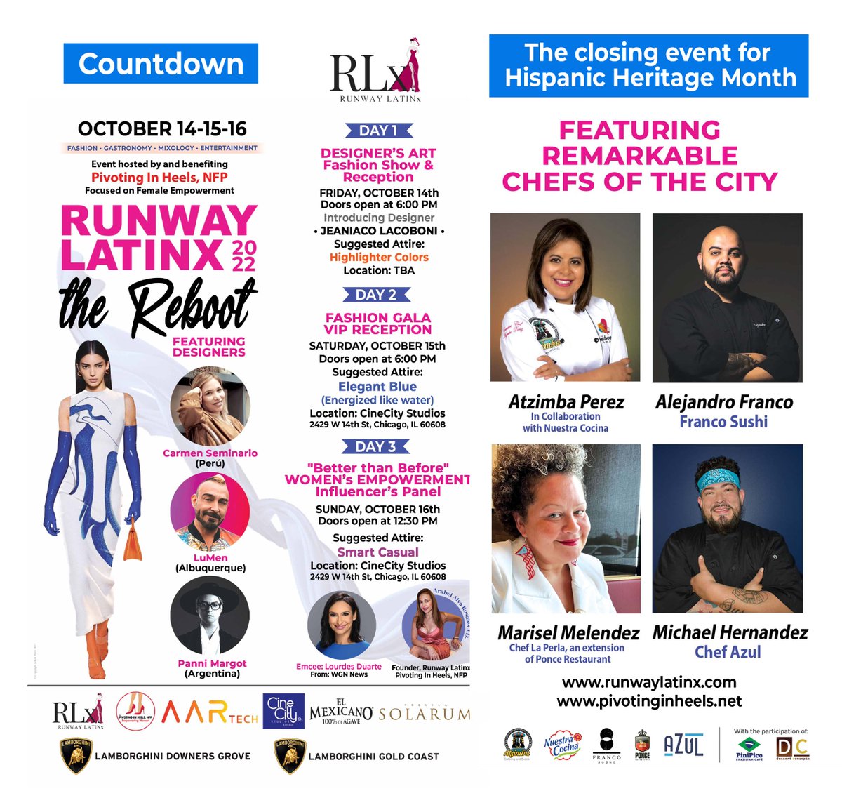 Join us for a Closing Event of Hispanic Heritage Month. Great networking, businesses, fashion, gastronomy, mixology, and entertainment. October 14-16th in Chicago. 
Tickets 🎟 on sale on runwaylatinx.com and eventbrite.com
👇🏽
eventbrite.com/e/runway-latin…
