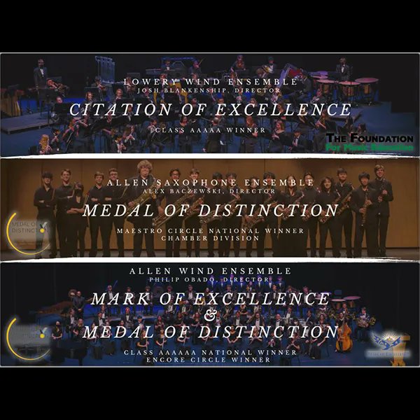 AllenBand's tweet photo. Congrats to the LFC Wind Ensemble, Allen Saxophone Ensemble, and AHS Wind Ensemble for winning national awards. https://t.co/LB2CNEifru