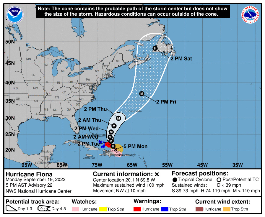 Pretty remarkable to see the filled-in forecast circle representing a fully tropical hurricane all the way up in western Newfoundland.

#Fiona will be undergoing extratropical transition as it impacts Atlantic Canada, but may retain its warm core all the way to #NLwx!