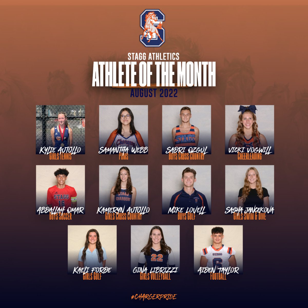 Congrats to our Varsity Athletes of the Month for August! Athletes were chosen by their coaches for demonstrating the Charger Way: Positive Presence, High Character, Growth Mindset!  #chargerpride @stagghighschool @ericolsen00 @chsd230