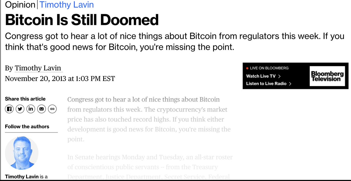 Brad Mills 🔑⚡️ (@bradmillscan) on Twitter photo <a href="/business/">Bloomberg</a> Wrong in 2013 at $90
bloomberg.com/opinion/articl…
Wrong in 2015 at $500 bloomberg.com/opinion/articl…
Wrong in 2017 at $6000
bloomberg.com/news/articles/…
Wrong in 2019 at $9000
99bitcoins.com/roubini-says-b…
Wrong again in 2022 at $18000
Bloomberg consistently wrong on #Bitcoin since $90. <a href="/business/">Bloomberg</a> Wrong in 2013 at $90
bloomberg.com/opinion/articl…
Wrong in 2015 at $500 bloomberg.com/opinion/articl…
Wrong in 2017 at $6000
bloomberg.com/news/articles/…
Wrong in 2019 at $9000
99bitcoins.com/roubini-says-b…
Wrong again in 2022 at $18000
Bloomberg consistently wrong on #Bitcoin since $90.