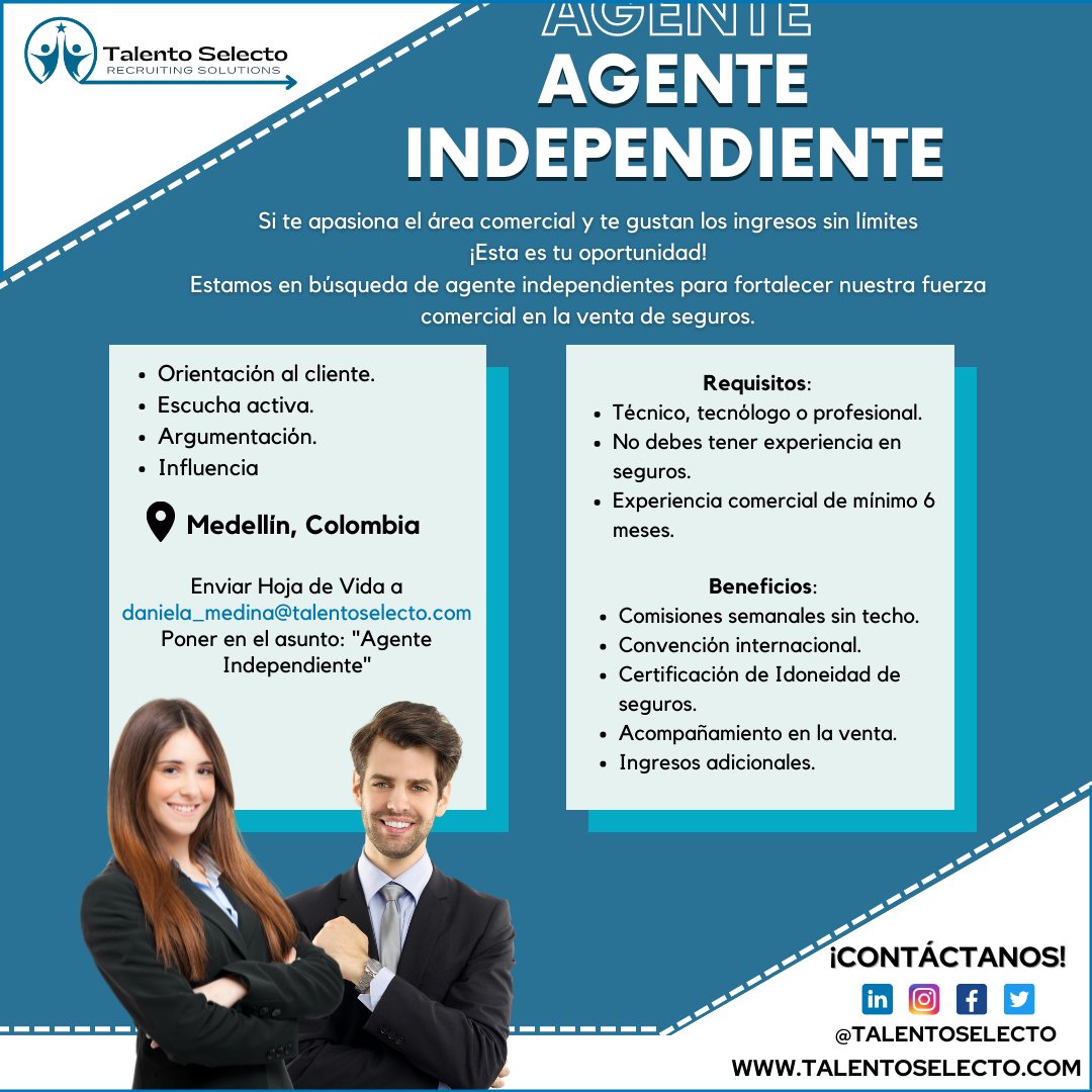 TalentoSelecto's tweet photo. Si eres apasionado por el área comercial y quieres seguir creciendo laboralmente ¡Aplica a esta nueva oportunidad! 
Buscamos agentes independientes en la ciudad de Medellín 📍
#comercial #agentecomercial #medellín #agenteindependiente #ofertalaboral #trabajosihay #empleomedellín https://t.co/QJn8vcAGxD