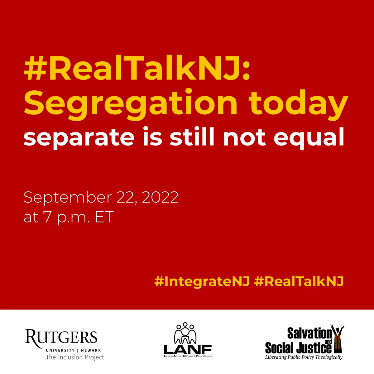 SandSJ_NJ's tweet photo. NJ's Constitution forbids segregated schools - so why are we ranked 6th &amp; 7th most segregated for Black and Latinx students, respectively? Join us Thursday 9/22 @ 7 pm for a virtual conversation with Black and Latinx graduates on the realities of segregation. #RealTalkNJ https://t.co/KvCCr2r8M6
