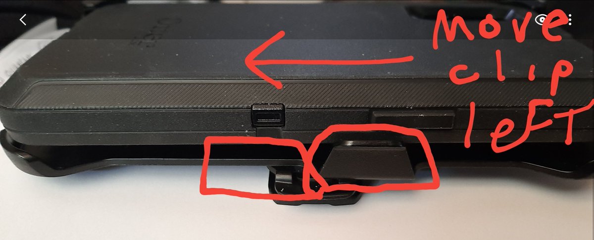JDCrowbar's tweet image. A phone call won't really help but it's pretty simple.
Move the clip so that #xcoverpro attaches 180 degrees opposite of how it attaches now so only one hand is needed to remove the phone.
As pictured.
@OtterBox