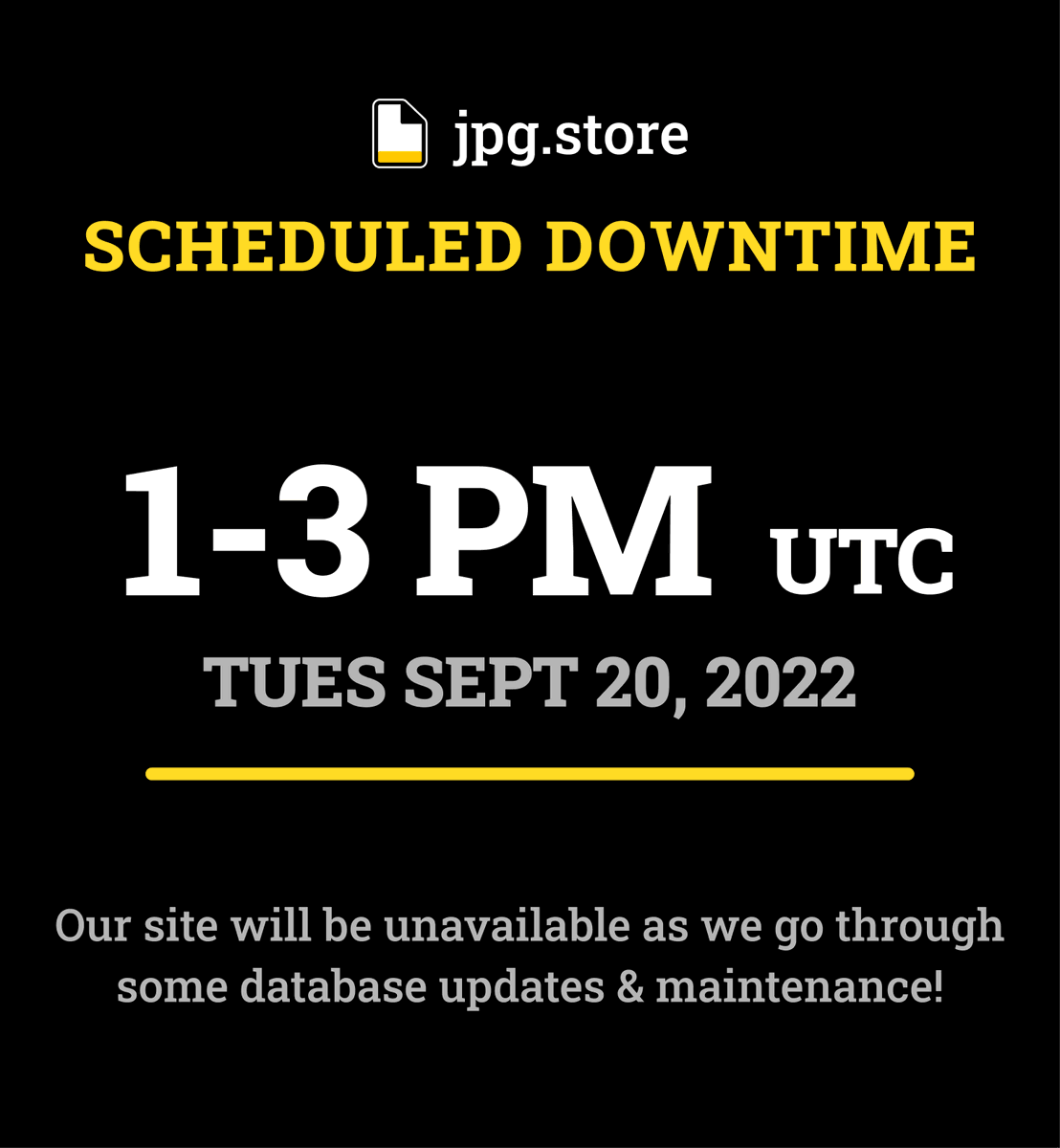 jpgstoreNFT's tweet photo. Scheduled Maintenance 🚨

We will be having a short maintenance period tomorrow from 1-3PM UTC where we will be updating our database 📊

Follow us to stay updated on this and enjoy 2 hrs of grass-touching 🌿 https://t.co/c0LmQV5pyb