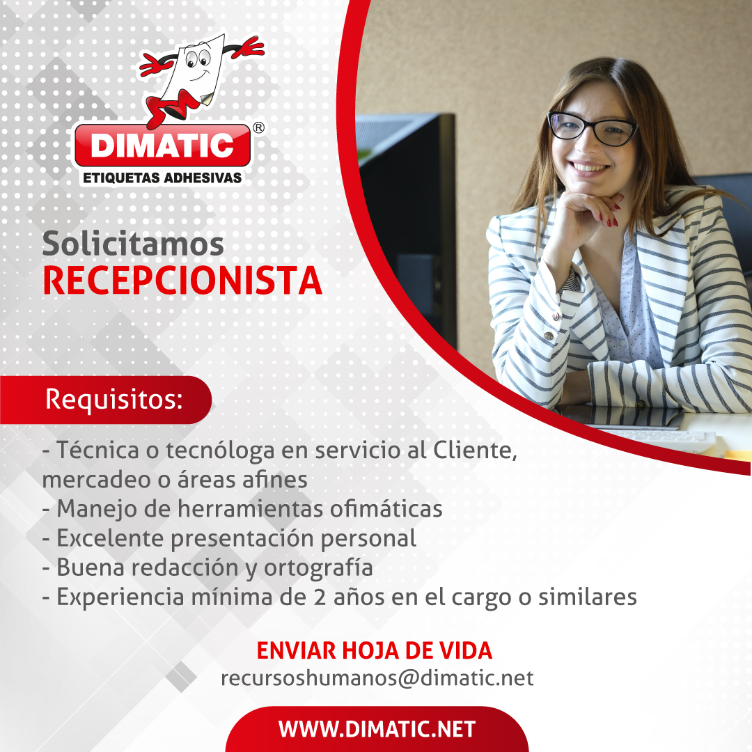 dimaticltda's tweet image. #trabajosihay #bogota 
¡Postúlate a nuestra vacante de #recepcionista!
Si tienes vocación de #servicio, manejas herramientas #ofimáticas y siempre llevas una excelente presentación, es tu oportunidad de ser parte del equipo de @dimaticltda 
Envía HV A: recursoshumanos@dimatic.net