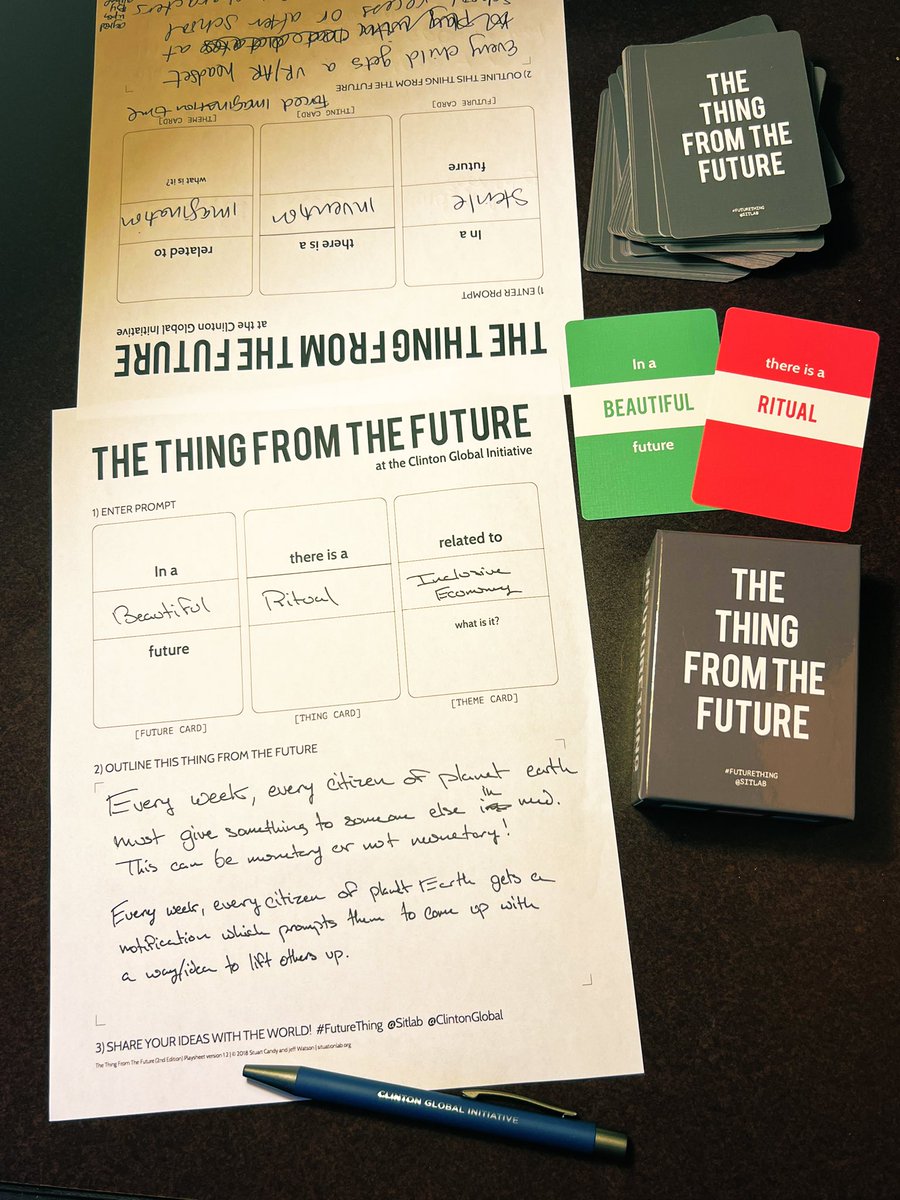 futuryst's tweet photo. Today at @ClintonGlobal in New York, we ran a rather different kind of session – playing The Thing From The Future to reimagine #HealthEquity #InclusiveEconomy #ClimateResilience with delegates from around the world 🙌 #FutureThing #Imagination #XF https://t.co/nET6jmgcAe