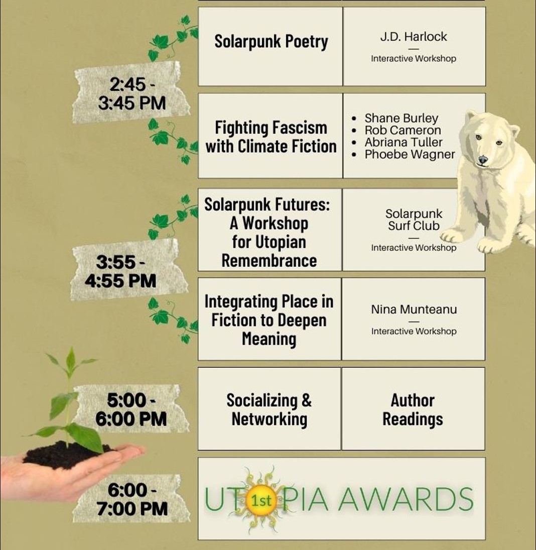 press_android's tweet photo. The schedule is out for the first annual Utopia Awards &amp; Climate Fiction Conference! October 1st is right around the corner. More information on workshops, registration, etc is available at https://t.co/Tpyh5CY2W3

#CliFiCon22 #CliFi #WritingCommunity #scifi #DemandUtopia https://t.co/pucqo3gri6