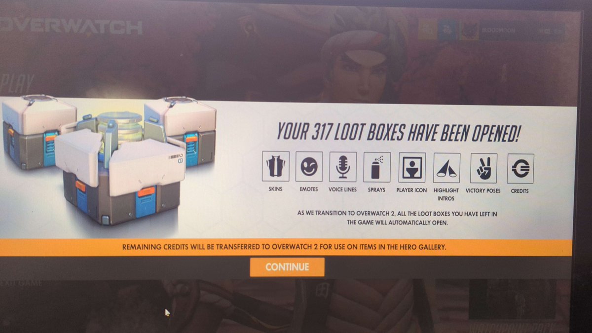 BunniBloodMoon's tweet photo. #Overwatch  has opened loot I've been hoarding since 2017. I was excited about streaming again, I was planning a huge unboxing this week. 317 boxes gone, the hero gallery is not labeling anything as new. This isn't just an overreach, it's just straight up malicious. 1/2 https://t.co/JR4qM4Z4A8
