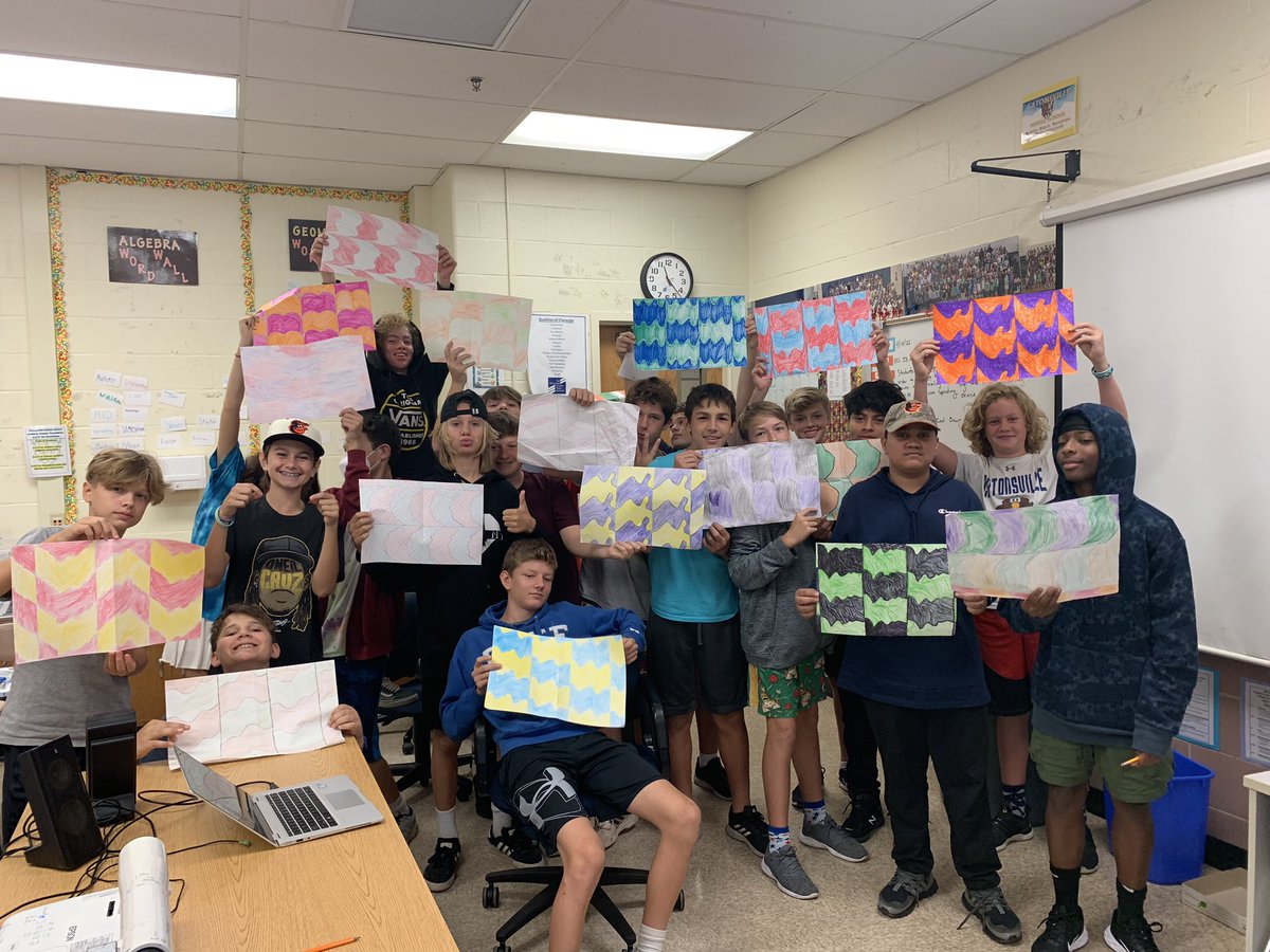 j_eisenberg87's tweet photo. #geometry students @CatonsvilleMS present their #tessellations projects as a supplement to our @IllustrateMath lesson on #rigidtransformations @BCPSMATH #cmsgameon #planningwithfuninmind #artismathandmathisart https://t.co/8gaOUaN2ZU