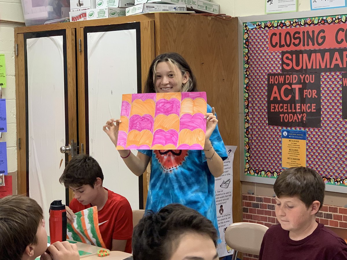 j_eisenberg87's tweet photo. #geometry students @CatonsvilleMS present their #tessellations projects as a supplement to our @IllustrateMath lesson on #rigidtransformations @BCPSMATH #cmsgameon #planningwithfuninmind #artismathandmathisart https://t.co/8gaOUaN2ZU