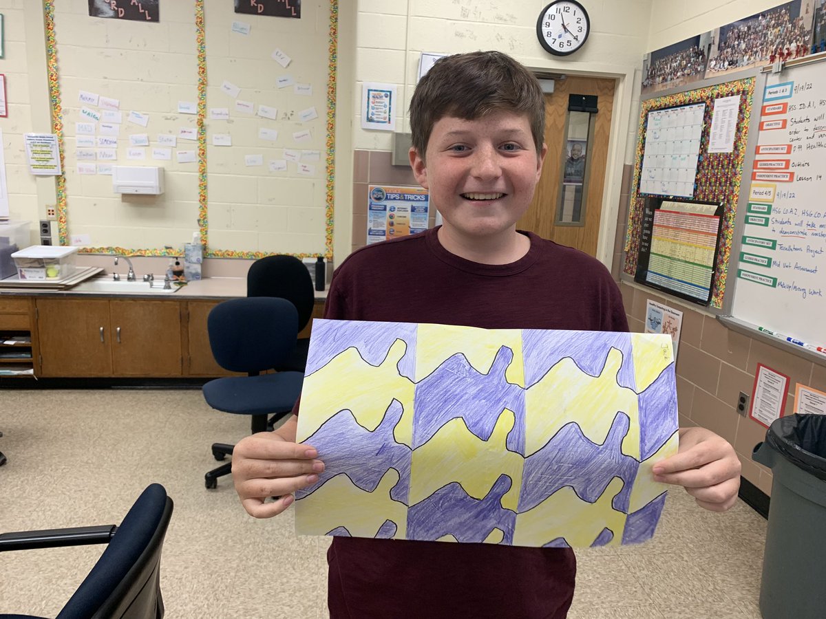 j_eisenberg87's tweet photo. #geometry students @CatonsvilleMS present their #tessellations projects as a supplement to our @IllustrateMath lesson on #rigidtransformations @BCPSMATH #cmsgameon #planningwithfuninmind #artismathandmathisart https://t.co/8gaOUaN2ZU