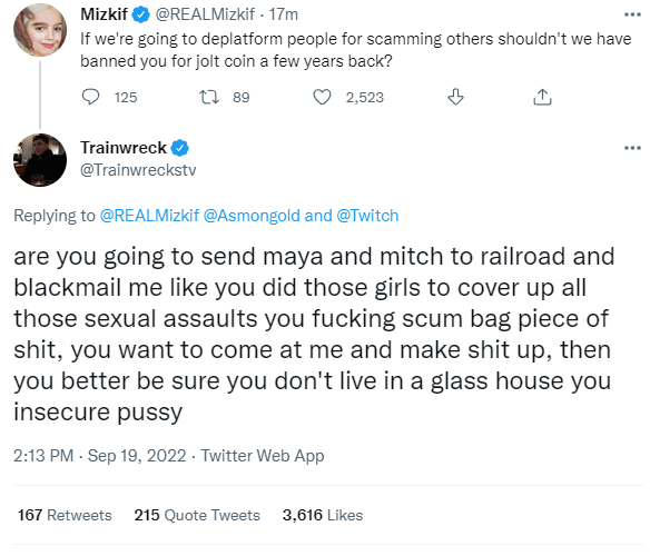 JakeSucky's tweet photo. Trainwreck vs. Mizkif has quickly turned into some very serious allegations

Wtf is going on https://t.co/F790f5tbJs