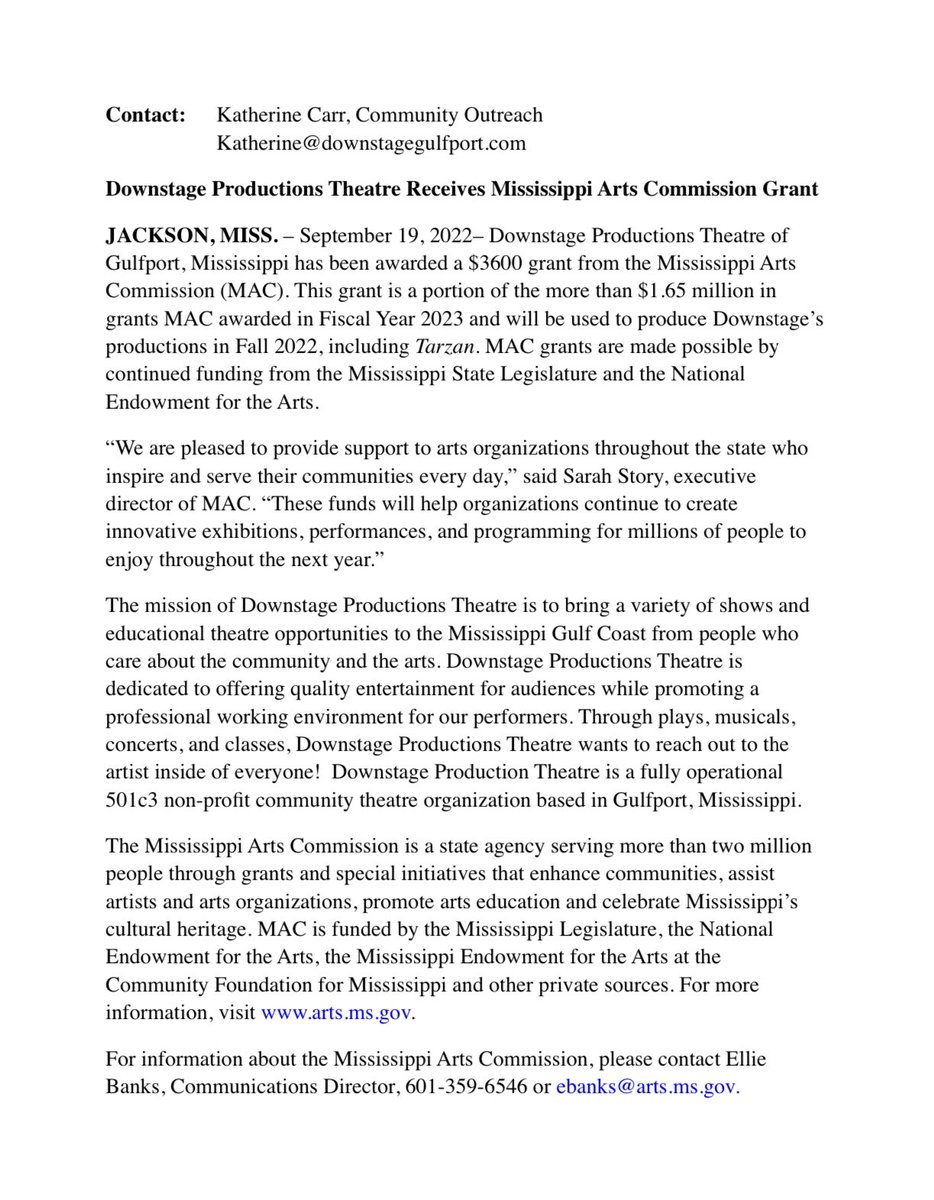 expdownstage's tweet photo. Hear ye hear ye! Downstage is excited to announce we are a recipient of a $3600 MAC grant to produce our Fall 22 shows! Thank you @MSarts!! https://t.co/30KfSc4RIj