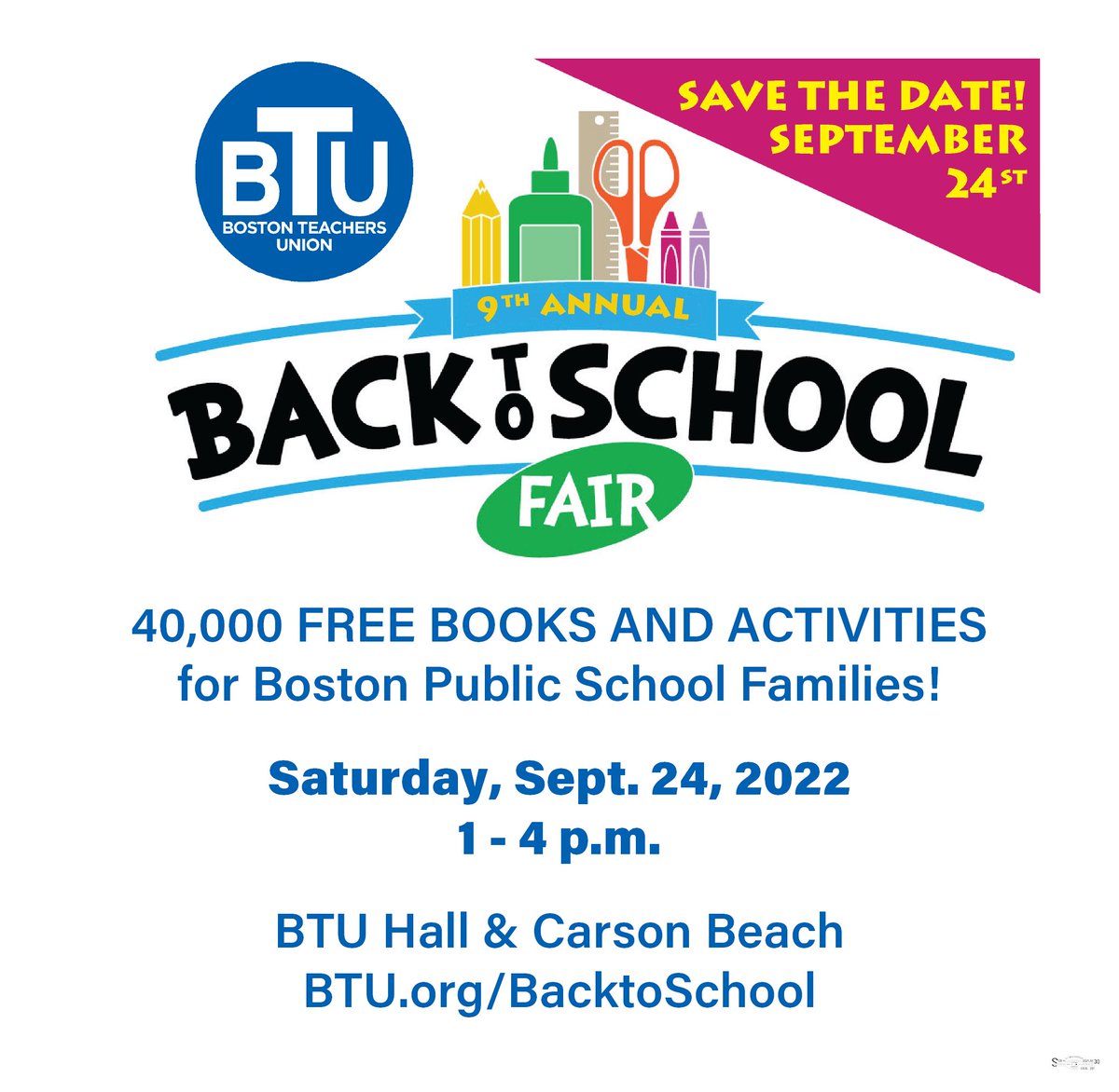 BTU66's tweet photo. Our 9th annual BTU Back to School Fair for BPS families will take place on Sept. 24 from 1-4pm at the Boston Teachers Union, 180 Mount Vernon Street, Dorchester. We have 40,000 books to give away to students, families, and educators! We hope to see you there. https://t.co/HT5Y2woshI