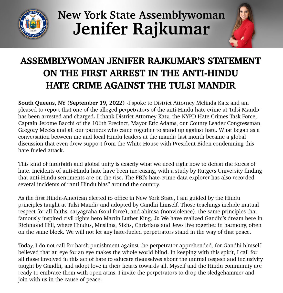 JeniferRajkumar's tweet photo. I am pleased to report that one of the alleged perpetrators of the anti-Hindu hate crime at Tulsi Mandir has been arrested and charged. 

What began as a conversation between me and local Hindu leaders became a global movement that even drew support from the White House. 👇 https://t.co/bbFzxOdDe1