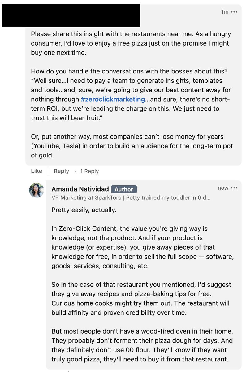 Them: "But we can't just give away products for free! Should restaurants give us free pizza?"

Me: "No, but they can give us the recipe."

FWIW, this is a fair question. So here is my response, screenshotted from LinkedIn.