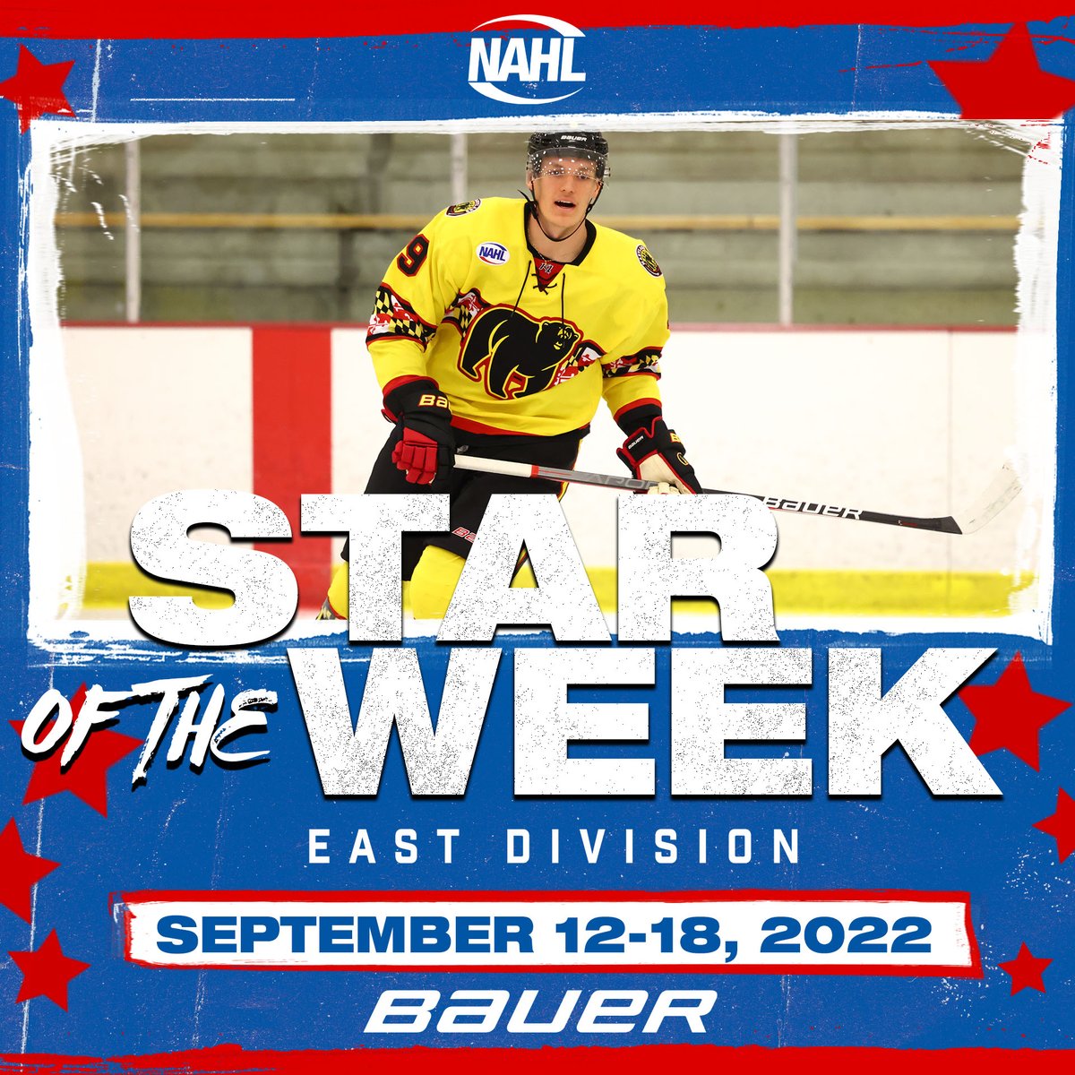NAHLHockey's tweet photo. #NAHL @BauerHockey East Division Star of the Week for September 12-18, 2022: Gabriel Westling, Forward, @BlackBearsNAHL https://t.co/rJl41Y4ecw https://t.co/jEVdRRxgDx