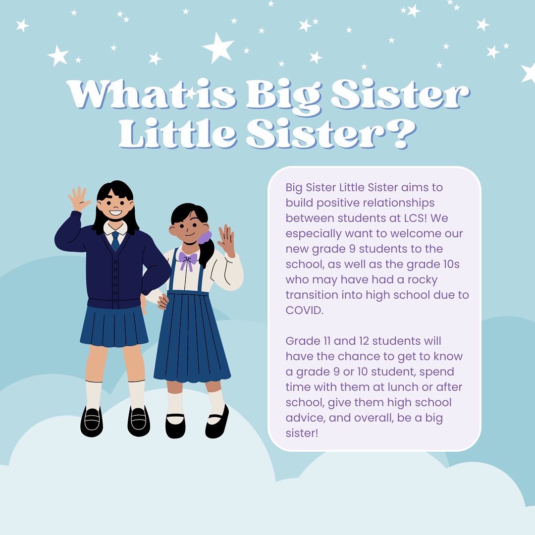 LCSMadness's tweet photo. Hey LCS! The Big Sister Little Sister program is about to kick off! Be sure to read the information on the slides to understand more about what the program is, and how you can apply! The application is linked in our bio. Please reach out if you have any questions! https://t.co/aGJiEOAAxo