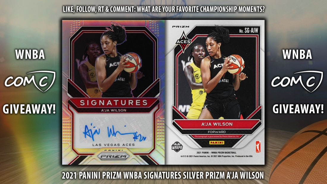 CheckOutMyCards's tweet photo. COMC GIVEAWAY! Like, follow, RT, &amp; Comment: What is your favorite championship moment from any sport? 🏆 You could win this 2021 @WNBA Signatures Silver Prizm of A'ja Wilson!🏀 Contest ends Sept. 21 at 11:59PM PST. The winner will be chosen randomly and must have a COMC account. https://t.co/kFb72wct3V